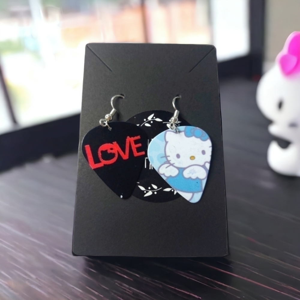 Handmade Hello Kitty Inspired Guitar Pick Earrings Kawaii Statement Jewelry
